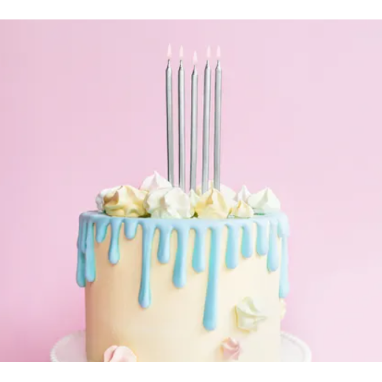 Sidabro spalvos gimtadienio žvakutės tortui, – 12 vnt.