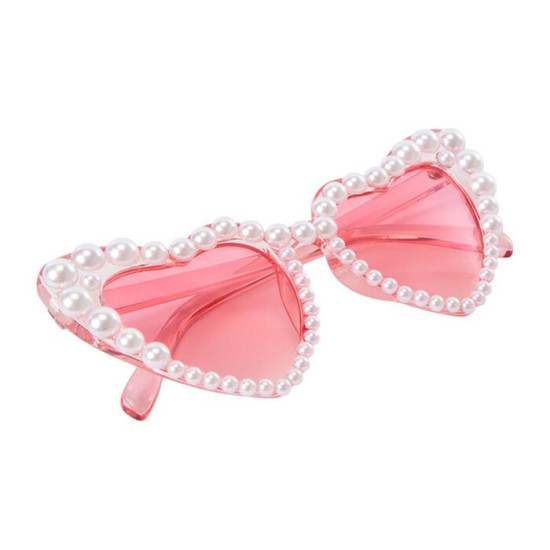 Rausvos širdelės formos akiniai su perlų detalėmis